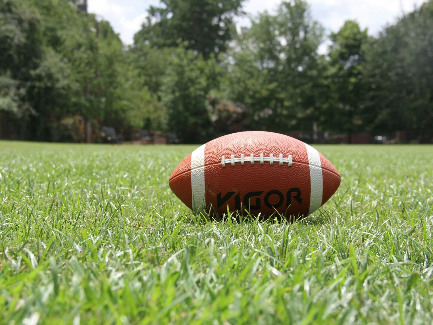 a closeup of an american football on a grassy field highlighting outdoor sports in summer