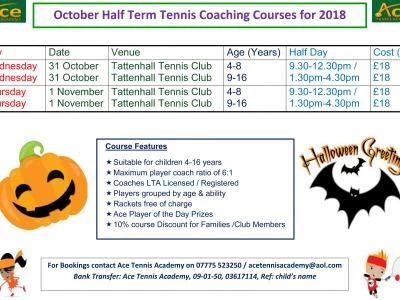 October 2018 Half Term Tennis Coaching Courses at Tattenhall