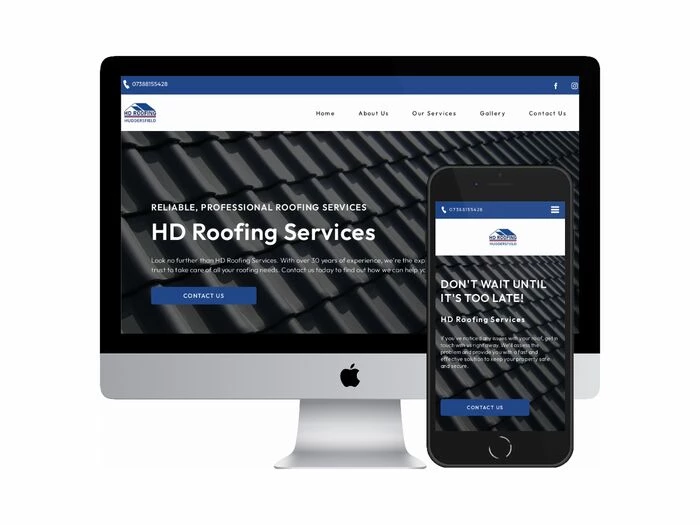 Desktop and mobile screenshots of the HD Roofing Services website