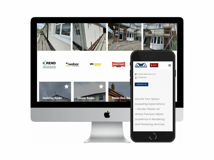 Desktop and mobile screenshots of the Render Plaster UK website