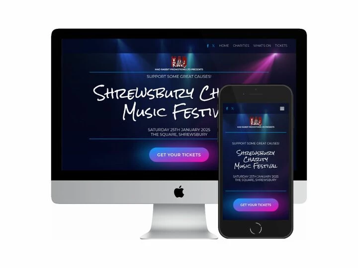 Desktop and mobile screenshots of the Shrewsbury Charity Music Festival website