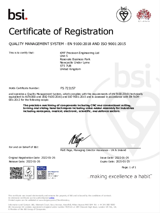 KMF Precision Engineering AS9100 Certificate