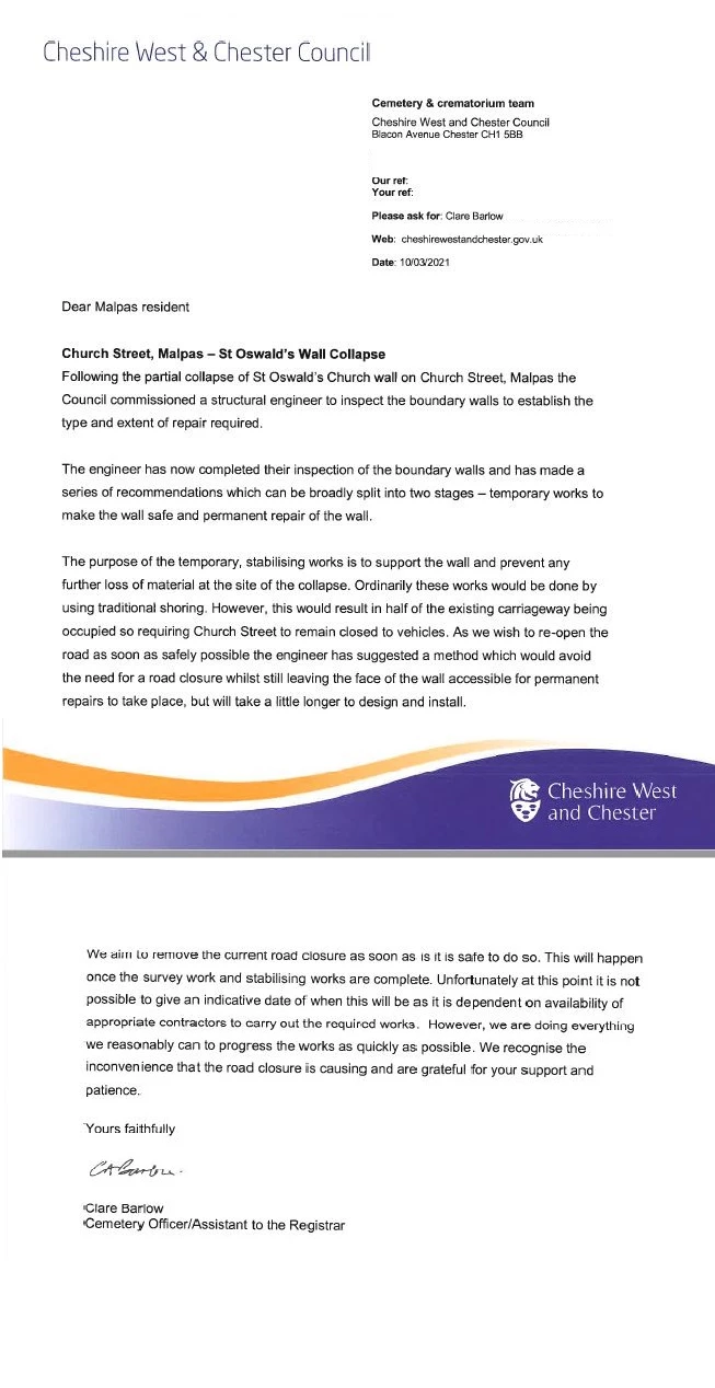 church wall collapse residents letter