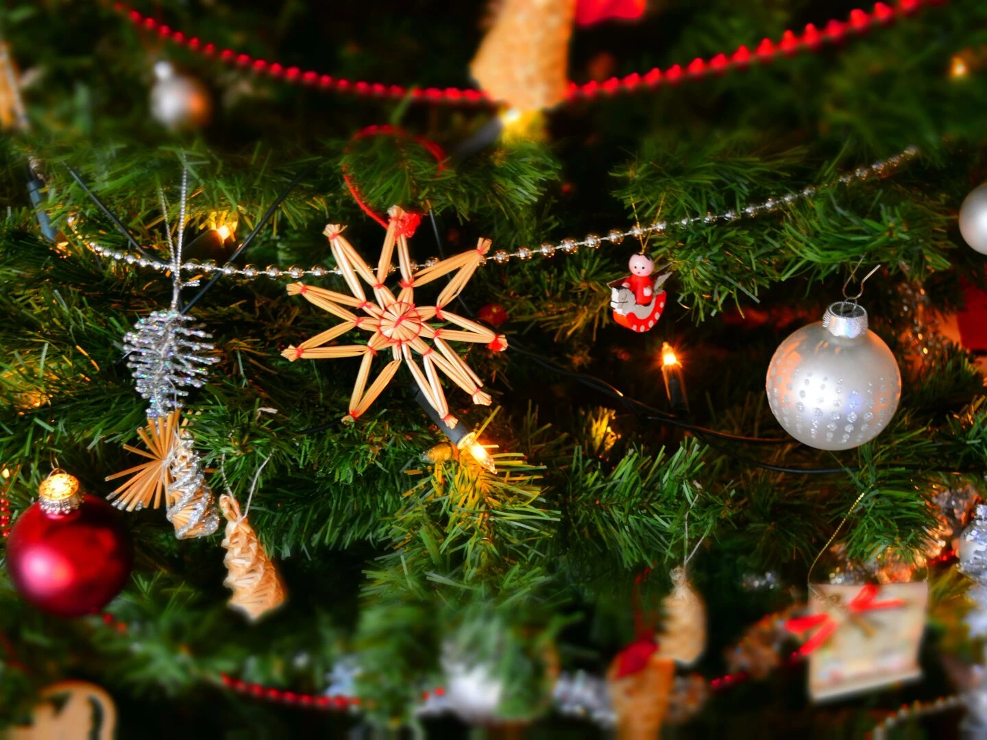 closeup of a decorated christmas tree with lights and ornaments showcasing holiday spirit