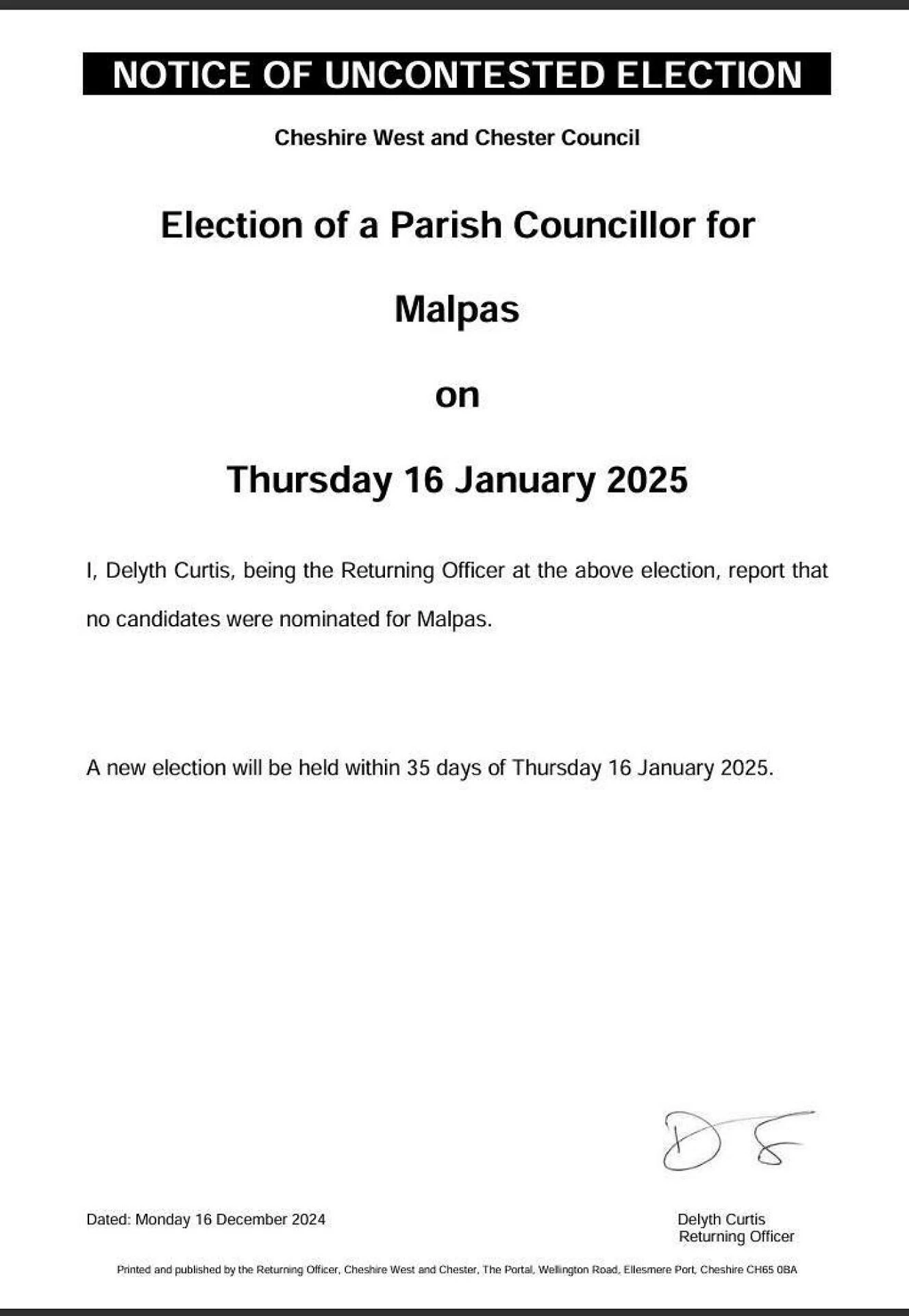 election of parish councillor for malpas