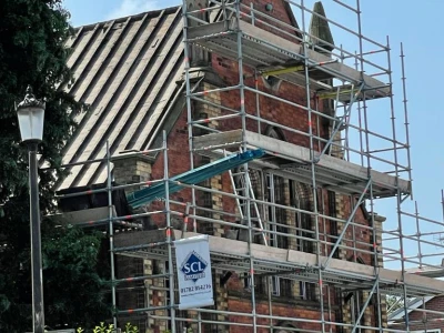 front of chapel with scaffolding