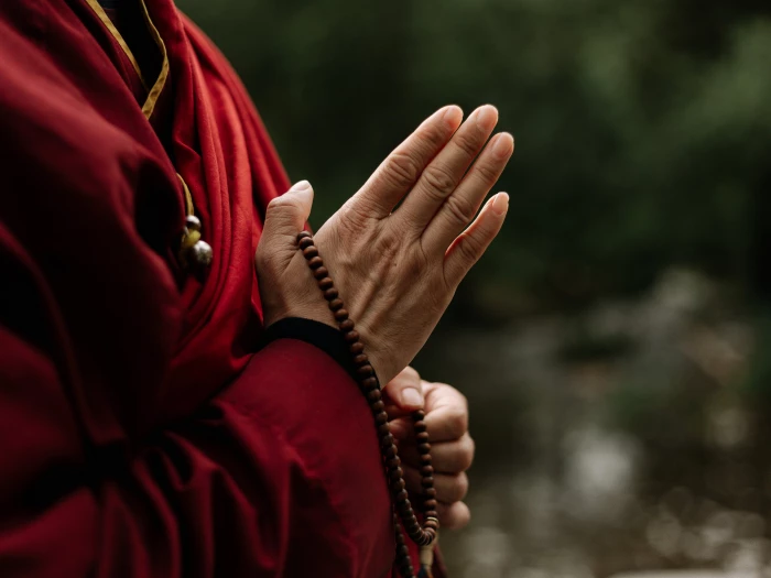 hands holding a brown prayer beads