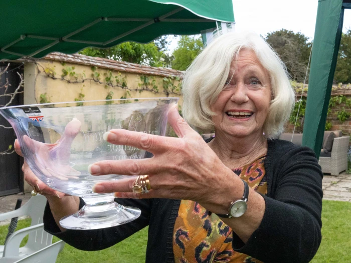 judy brandis with engraved bowl