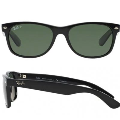 rayban new wayfarer in black with crystal green polarised lenses rb2132 90158