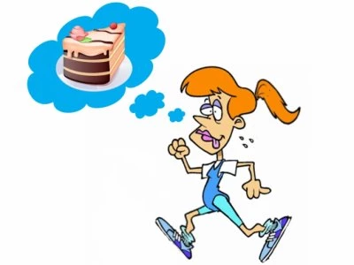 running womanthinking of cake