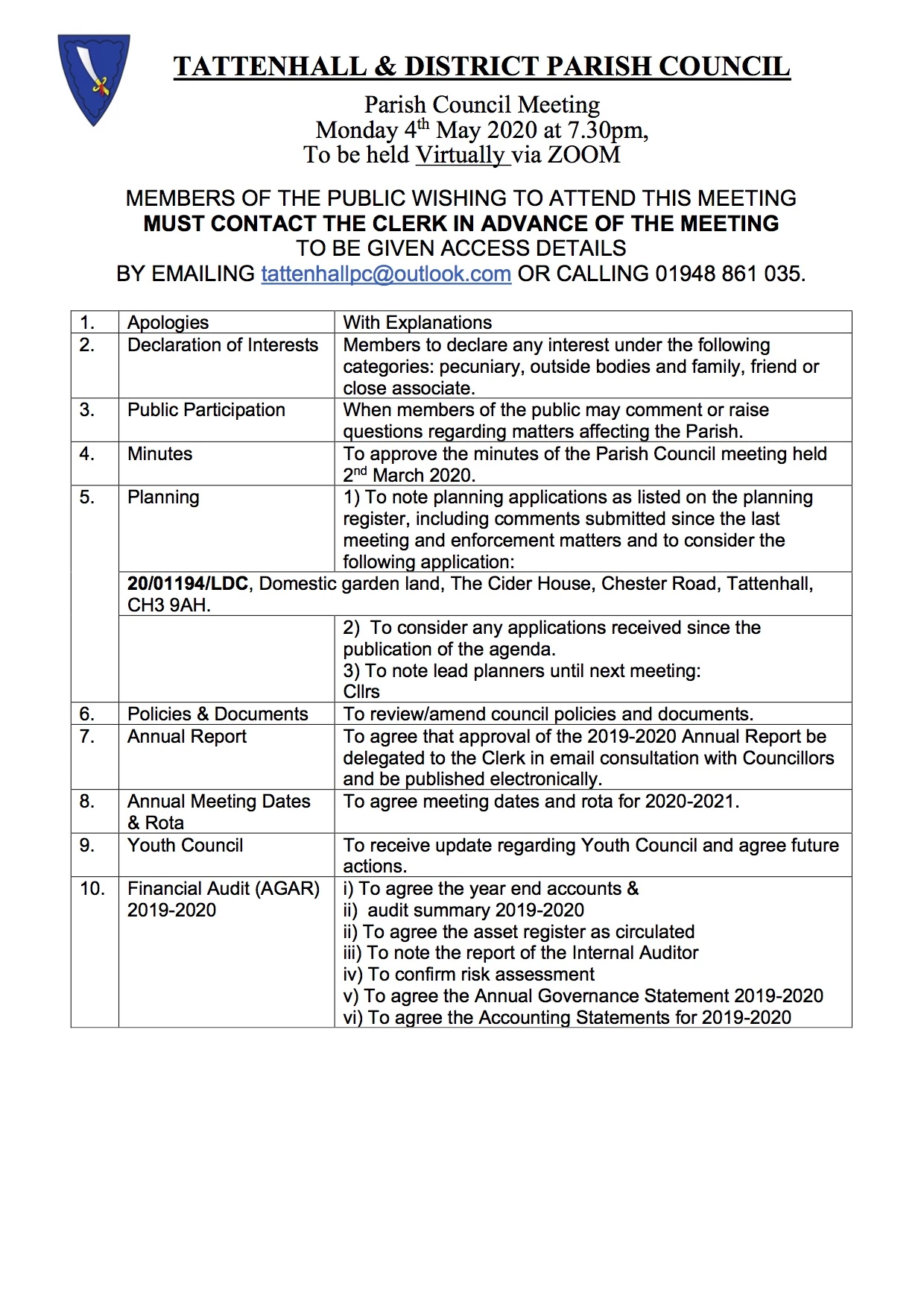 tattenhall may agenda 2020