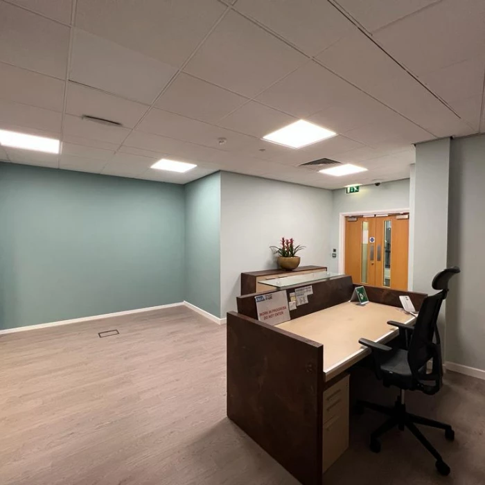 the fittedout reception area at the qbe office in leeds
